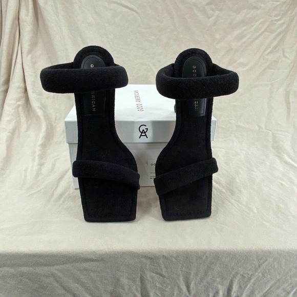 Good American High Heels Women's 7 Black Terry Square Toe Sandals Stiletto Gold - Picture 5 of 8